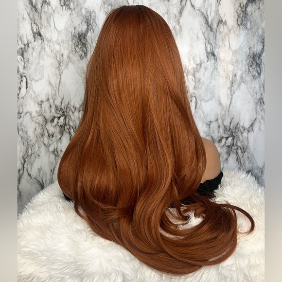 26” Daily Use Copper  Long Wavy Heat Resistant Fiber Full Wig With Bangs - Picture 9 of 13